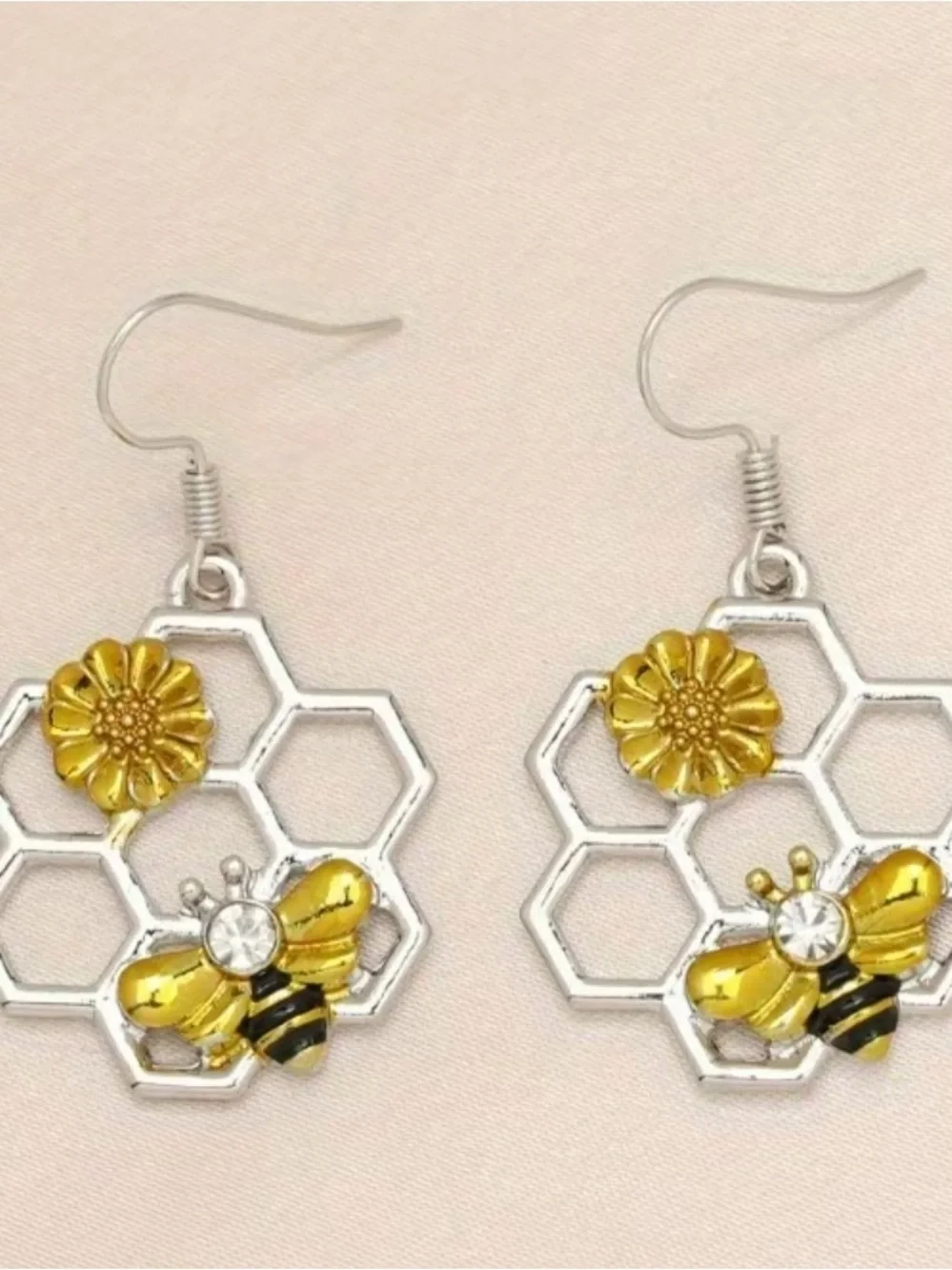 Yellow Bee & Flower Honeycomb Drop Earrings - Women Jewelry